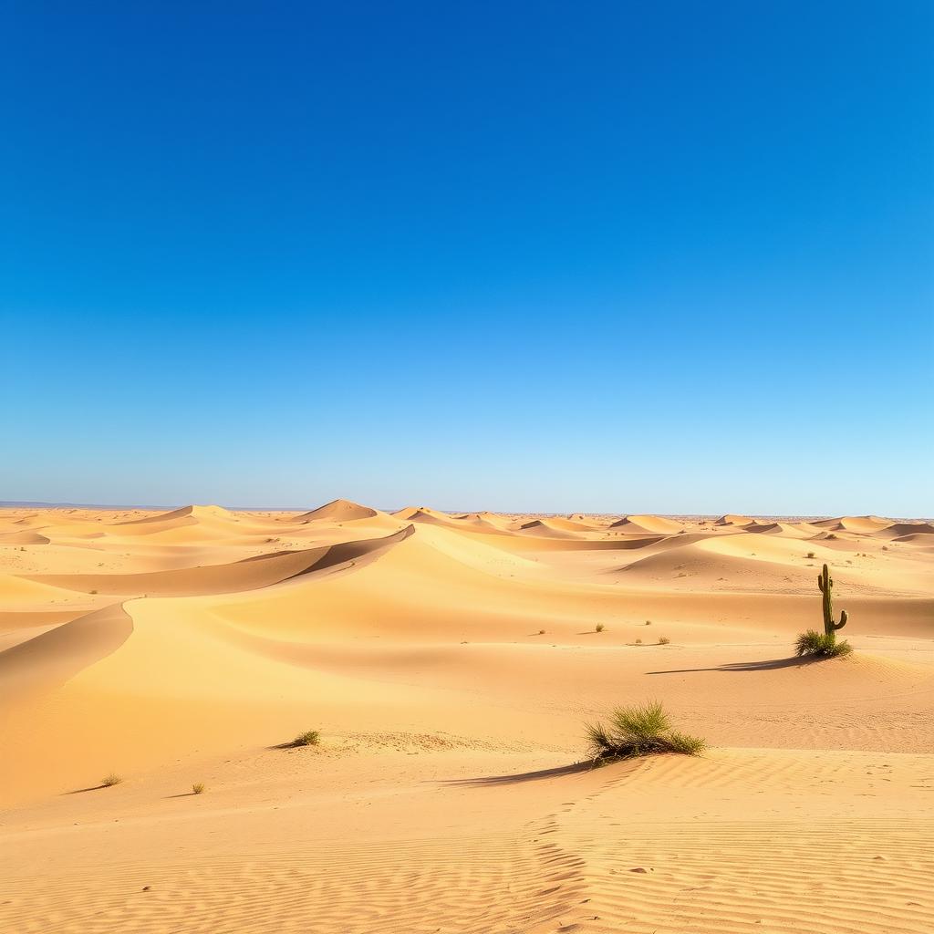 An expansive, arid desert landscape under a clear blue sky