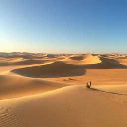 An expansive, arid desert landscape under a clear blue sky