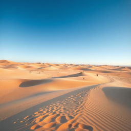 An expansive, arid desert landscape under a clear blue sky