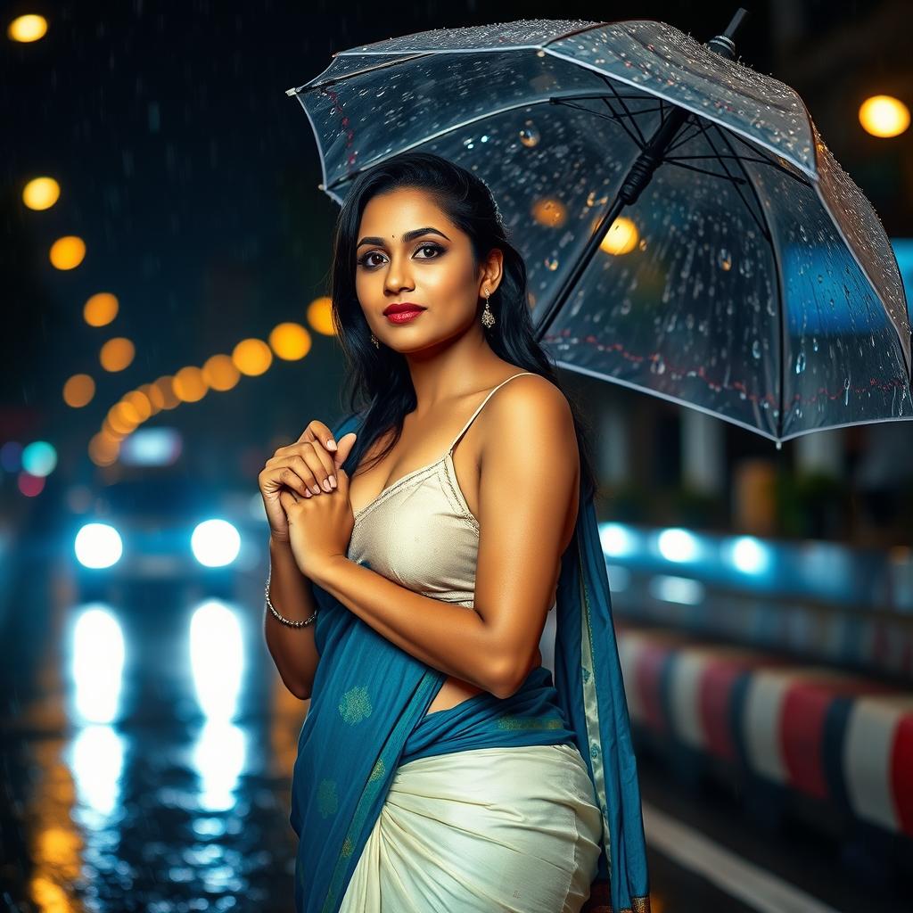 An Indian woman with a beautiful brown tan, curvy body, and prominent features is standing elegantly in the rain wearing a traditional half saree with a delicate, tiny bra underneath