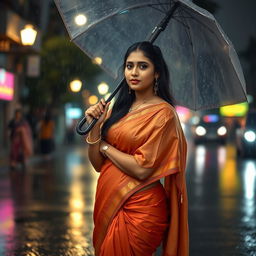 An Indian woman with a beautiful brown tan, curvy body, and prominent features is standing elegantly in the rain wearing a traditional half saree with a delicate, tiny bra underneath