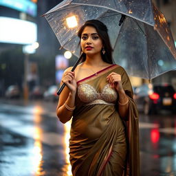 An Indian woman with a beautiful brown tan, curvy body, and prominent features is standing elegantly in the rain wearing a traditional half saree with a delicate, tiny bra underneath