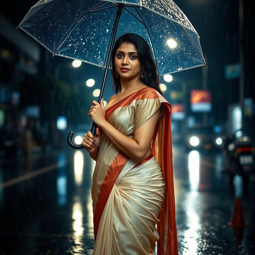 An Indian woman with a beautiful brown tan, curvy body, and prominent features is standing elegantly in the rain wearing a traditional half saree with a delicate, tiny bra underneath