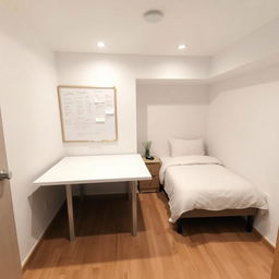 a small room with a large table occupying most of the space, a whiteboard attached to the wall near the table, and a bed positioned against the opposite wall