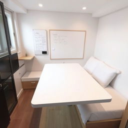 a small room with a large table occupying most of the space, a whiteboard attached to the wall near the table, and a bed positioned against the opposite wall