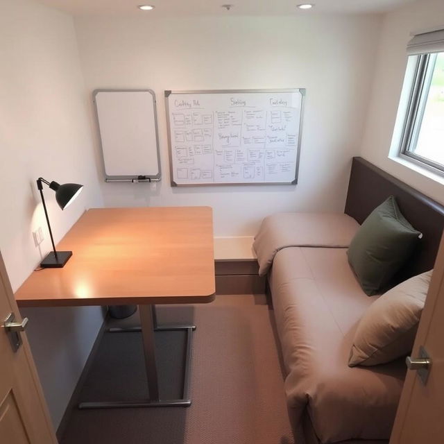 a small room with a large table occupying most of the space, a whiteboard attached to the wall near the table, and a bed positioned against the opposite wall