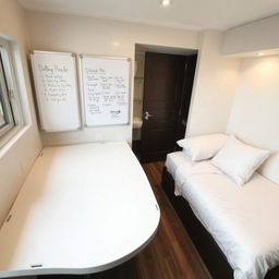 a small room with a large table occupying most of the space, a whiteboard attached to the wall near the table, and a bed positioned against the opposite wall