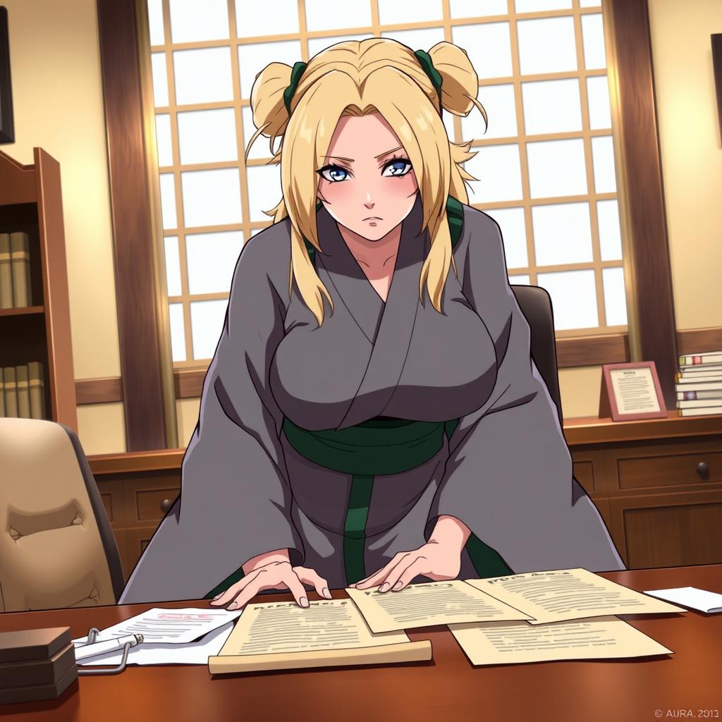 Lady Tsunade from Naruto, depicted with a voluptuous figure, slightly bent over a table