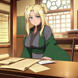 Lady Tsunade from Naruto, depicted with a voluptuous figure, slightly bent over a table