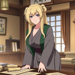 Lady Tsunade from Naruto, depicted with a voluptuous figure, slightly bent over a table