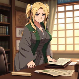 Lady Tsunade from Naruto, depicted with a voluptuous figure, slightly bent over a table