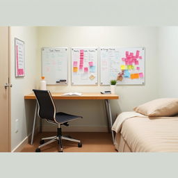 a small room featuring a large table complemented by a single chair, a whiteboard attached to the wall near the table, and a bed positioned against the opposite wall