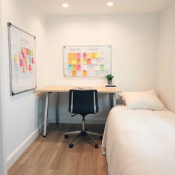 a small room featuring a large table complemented by a single chair, a whiteboard attached to the wall near the table, and a bed positioned against the opposite wall