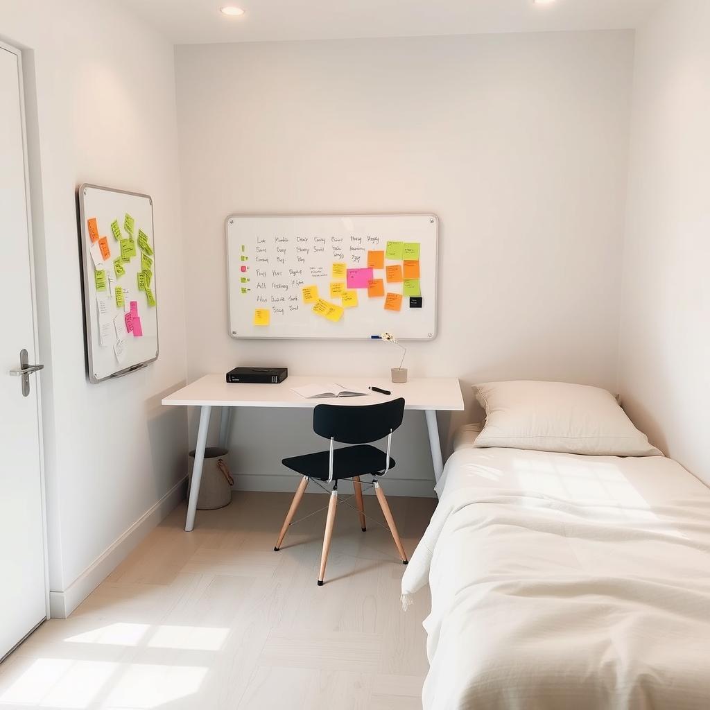 a small room featuring a large table complemented by a single chair, a whiteboard attached to the wall near the table, and a bed positioned against the opposite wall