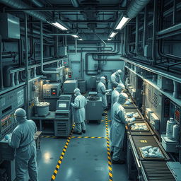 A detailed scene inside a fictional World of Narcotics factory where workers in protective gear are actively engaged in various stages of production