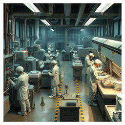 A detailed scene inside a fictional World of Narcotics factory where workers in protective gear are actively engaged in various stages of production