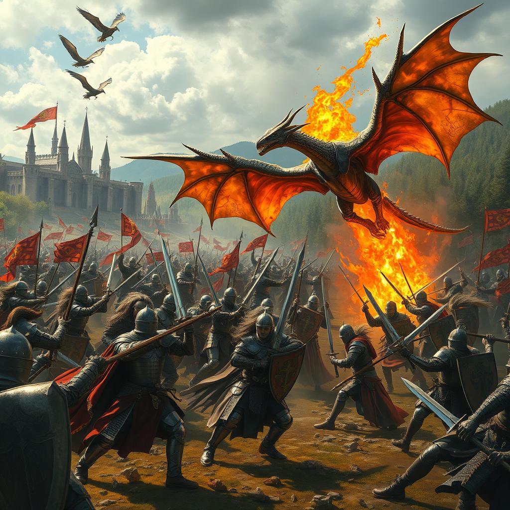 An epic medieval battlefield scene filled with brave warriors and majestic dragons