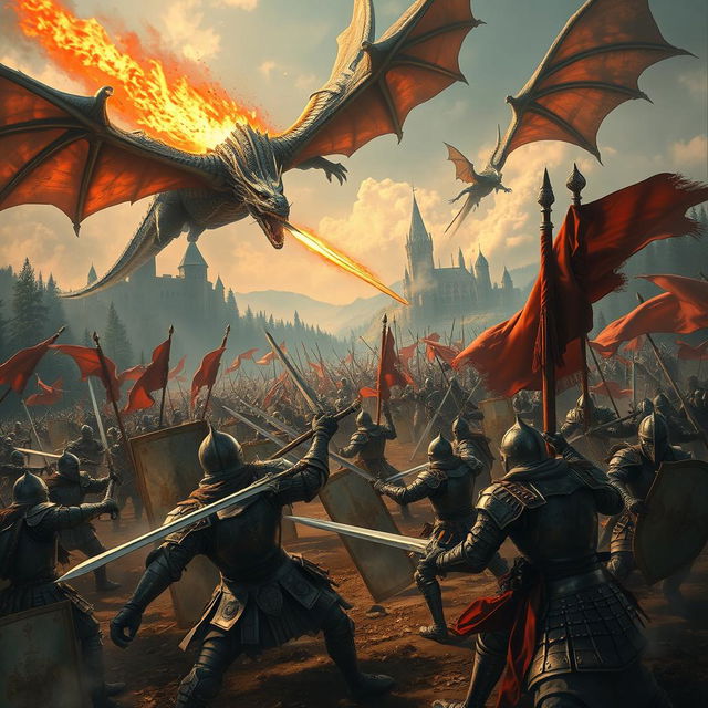 An epic medieval battlefield scene filled with brave warriors and majestic dragons