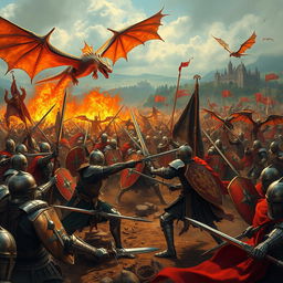 An epic medieval battlefield scene filled with brave warriors and majestic dragons