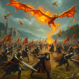 An epic medieval battlefield scene filled with brave warriors and majestic dragons