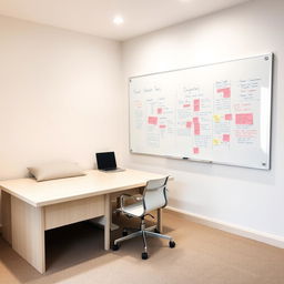 a small room dominated by a very large table accompanied by a single chair, and an oversized whiteboard fixed to the wall near the table