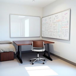 a small room dominated by a very large table accompanied by a single chair, and an oversized whiteboard fixed to the wall near the table