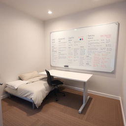 a small room dominated by a very large table accompanied by a single chair, and an oversized whiteboard fixed to the wall near the table