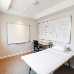 a small room dominated by a very large table accompanied by a single chair, and an oversized whiteboard fixed to the wall near the table