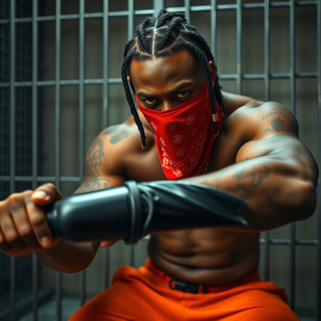 A close-up of a muscular African American gang member in a prison cell