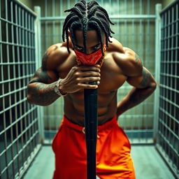 A close-up of a muscular African American gang member in a prison cell