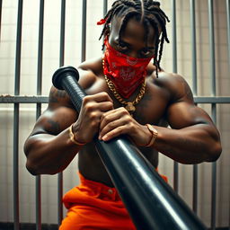 A close-up of a muscular African American gang member in a prison cell