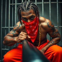 A close-up of a muscular African American gang member in a prison cell