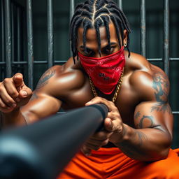 A close-up of a muscular African American gang member in a prison cell, wearing baggy orange pants and a red bandana mask covering his nose and mouth