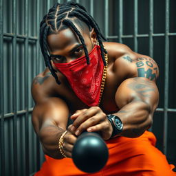 A close-up of a muscular African American gang member in a prison cell, wearing baggy orange pants and a red bandana mask covering his nose and mouth