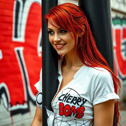 A close-up of a gorgeous female with wet red hair, wearing a white punk shirt with a "Cherry Bomb" logo on it