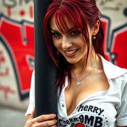 A close-up of a gorgeous female with wet red hair, wearing a white punk shirt with a "Cherry Bomb" logo on it