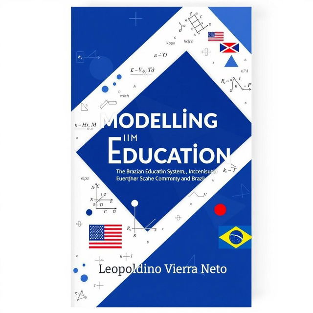 A sophisticated book cover design for the theme "Modelling in Education: The Brazilian Education System, Evaluation, Metrics, and Learning Parameters involving mathematical models, with a comparison between the United States of America, the European Community, and Brazil