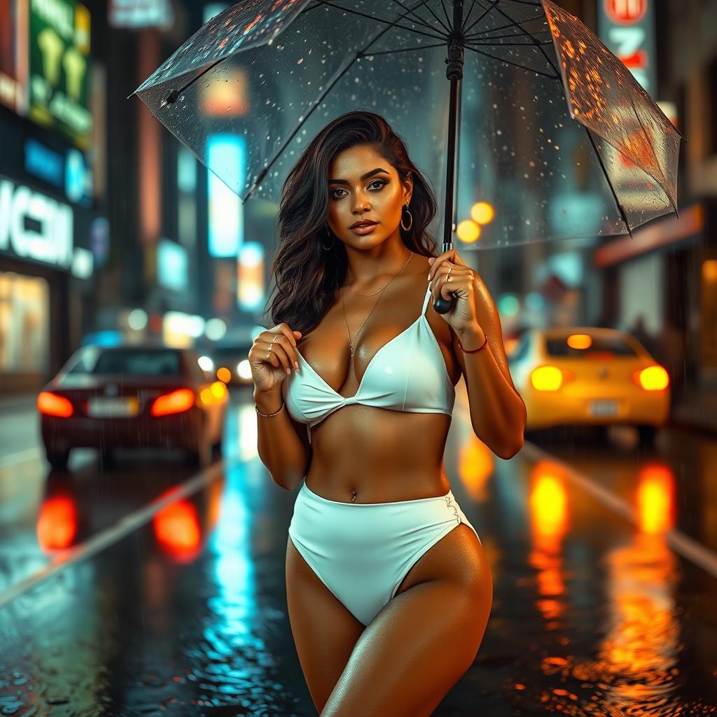 An Indian woman with a radiant brown tan, curvy body, and notable features stands confidently in the rain, wearing a striking white bikini