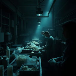 A cinematic scene inside the world of narcotics factory workers