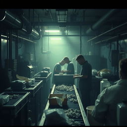 A cinematic scene inside the world of narcotics factory workers