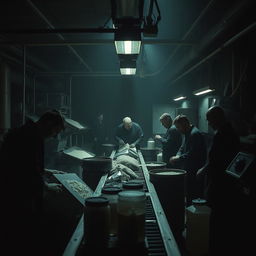 A cinematic scene inside the world of narcotics factory workers