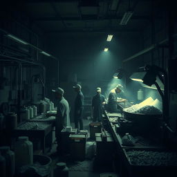 A cinematic scene inside the world of narcotics factory workers