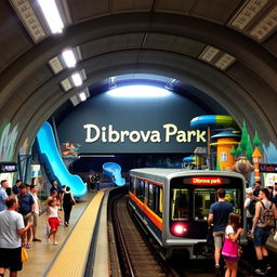 Underground metro station featuring a train at the platform, bustling with life and energy