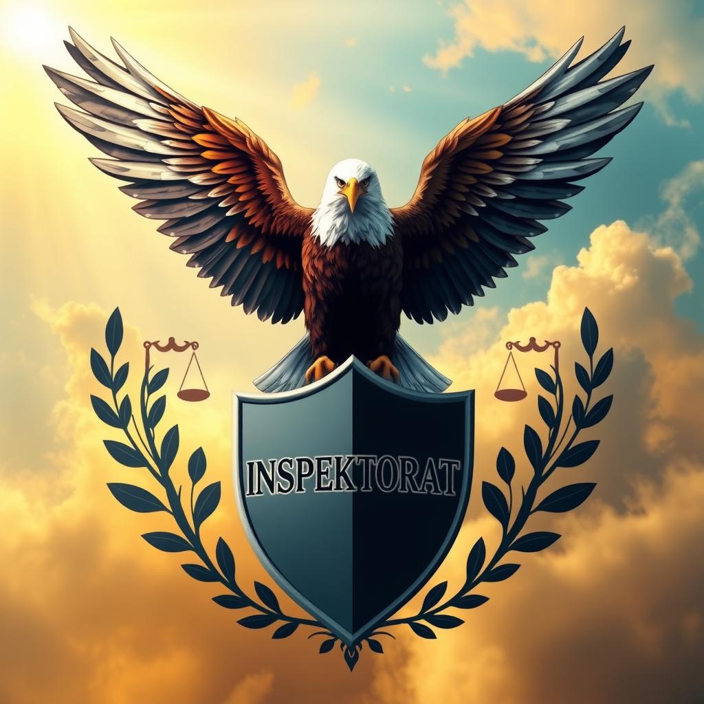 A majestic, ethereal depiction of an eagle soaring high above a massive, stylized shield emblazoned with the word 'INSPEKTORAT'