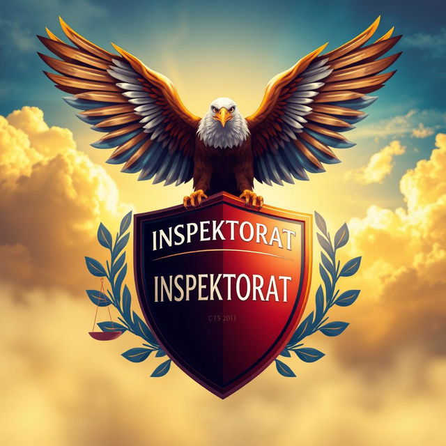 A majestic, ethereal depiction of an eagle soaring high above a massive, stylized shield emblazoned with the word 'INSPEKTORAT'