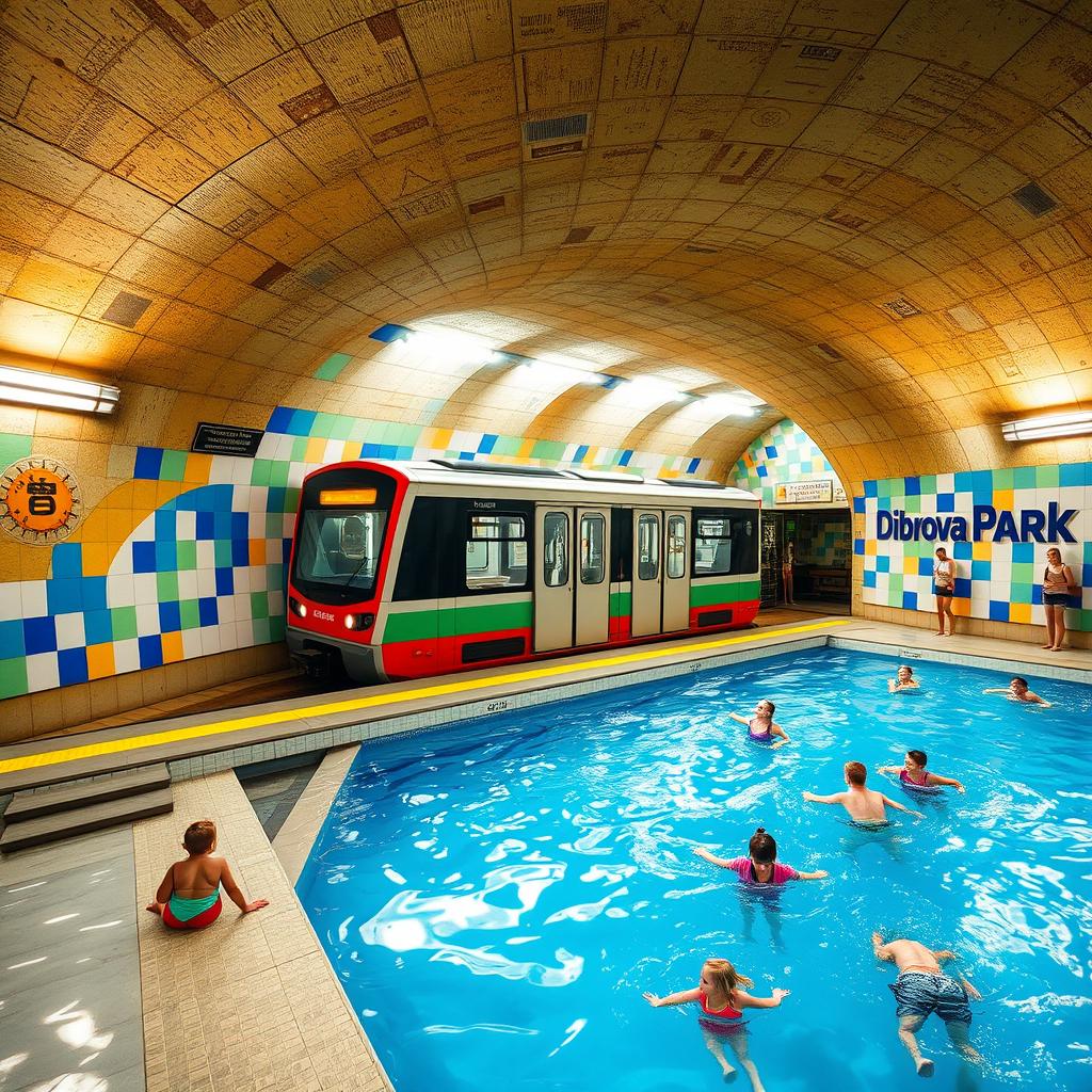 An imaginative underground metro station where a train waits on the platform, seamlessly blending with a vibrant water park setting