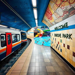 An imaginative underground metro station where a train waits on the platform, seamlessly blending with a vibrant water park setting