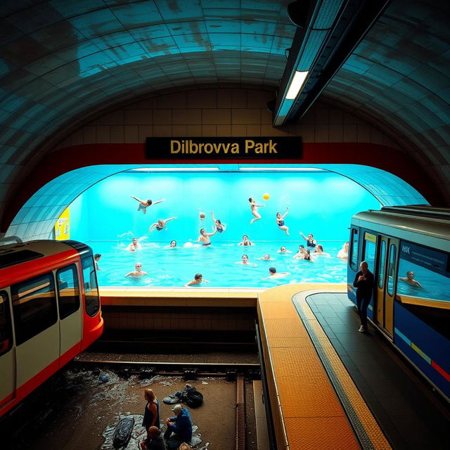 An imaginative underground metro station where a train waits on the platform, seamlessly blending with a vibrant water park setting