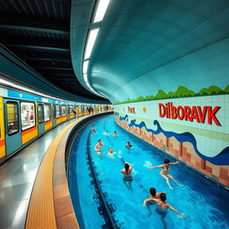 An imaginative underground metro station where a train waits on the platform, seamlessly blending with a vibrant water park setting