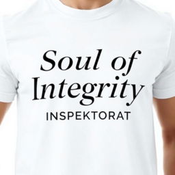 A white t-shirt design featuring the bold and elegant text 'Soul of Integrity INSPEKTORAT' prominently displayed